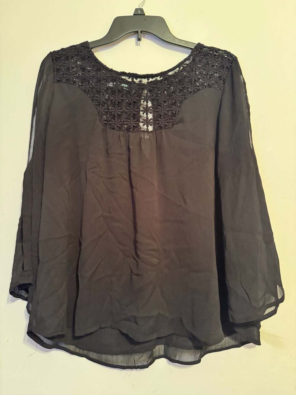 Maurices Women's Black Sheer Blouse with Crochet Lace Yoke